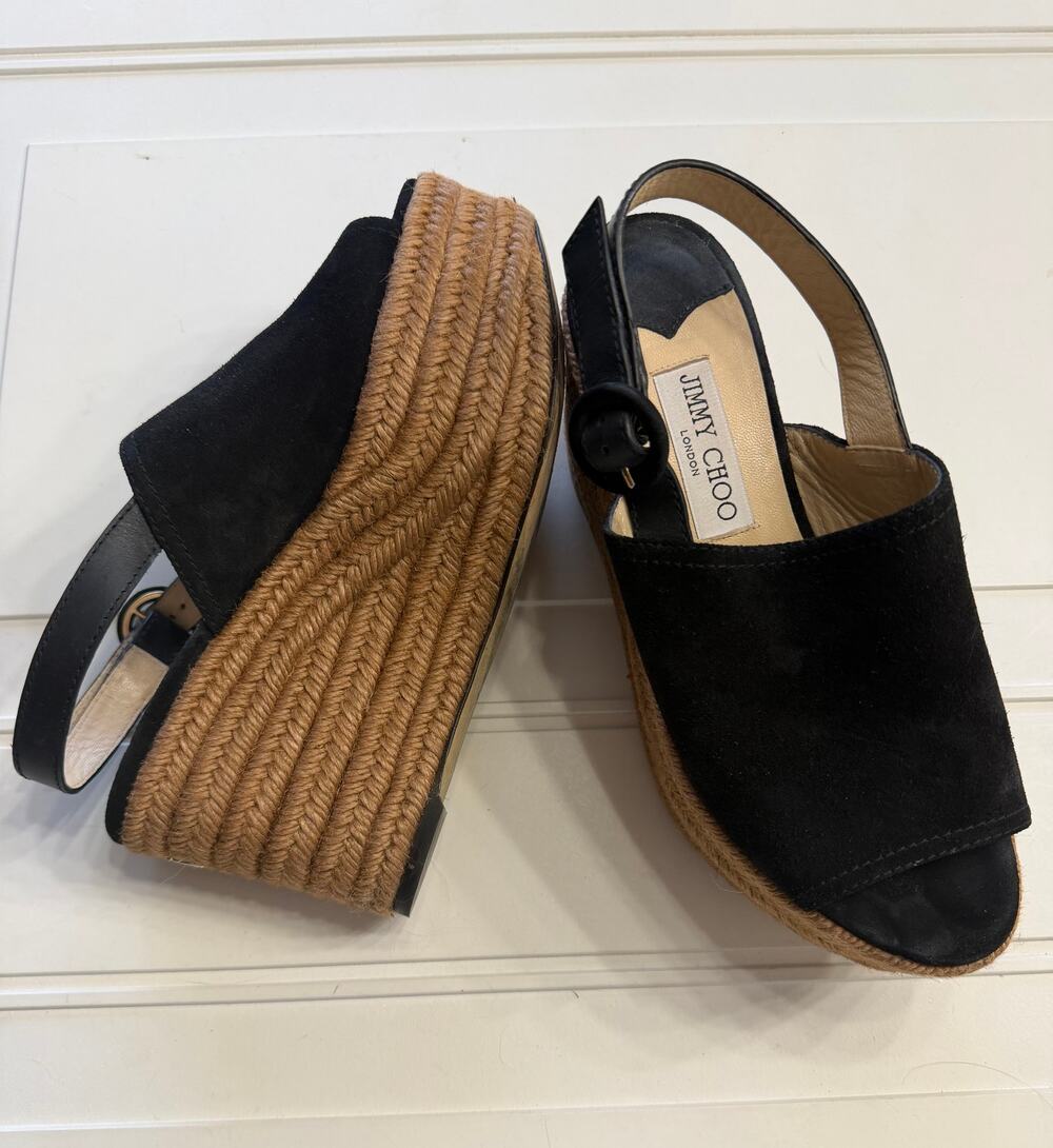 Jimmy Choo Womens Sz 38.5/US 8 Deya 95 Black Suede Espadrille Platform Sandals